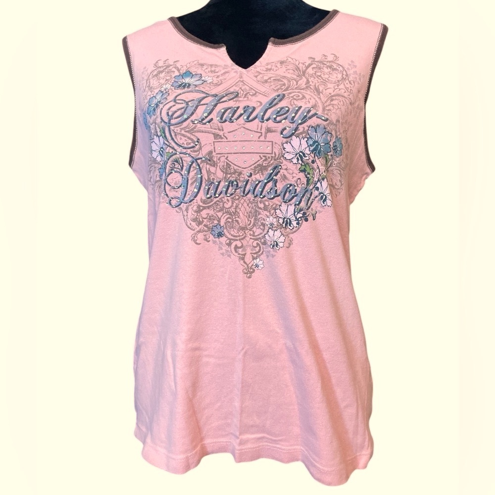 Harley-Davidson Pink Tank Top with Blue Floral Design